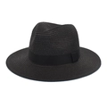 Classic black straw Panama fedora hat with elegant grosgrain band and wide brim for sun protection - Black