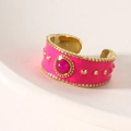 Bohemian gold wide ring with hot pink enamel and center pink stone accent - Rose Red