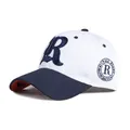 Fashionable contrast baseball cap with navy R embroidery and star badge on white background - Adjustable / White & Navy
