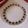 Golden flower chain necklace with navy blue crystals and clear rhinestones set in round links - 11# Necklace - Gold - Flower