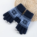 Navy blue knitted winter gloves with light blue snowflake patterns and touchscreen tips - One Size / Navy Blue