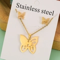 Detail view of gold stainless steel butterfly necklace and earrings on display card - Butterfly Jewelry Set