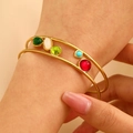 Detail of 18K gold stainless steel double-layered cuff bracelet with five colorful stones - Double Line Inlaid with Five-Color Stones (2970)