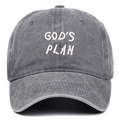 Detail of white 3D God's Plan embroidery on a grey washed cotton baseball cap - Gray