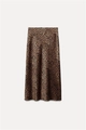 Detailed view of satin midi skirt fabric with brown leopard print and A-line silhouette - Dark Leopard Print