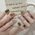 Short press-on nails with green and brown puppy patterns and golden foil accents - R681 Line Dog / Nail Glue Version