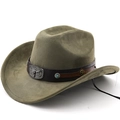 Olive green western cowboy hat with leather band and turquoise bull head ornament - Army Green