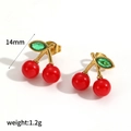 Detail of red cherry earrings with green crystal leaf and 14mm size measurement - Cherry Stud Earrings (TE60431)