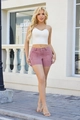 Women's summer outfit with white knit tank top and mauve purple cargo denim shorts - S / Purple