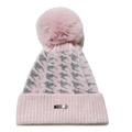 Dettaglio del berretto in maglia pied-de-poule rosa con pompon e logo in metallo - M / Rosa
