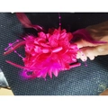 Detail of rose red flower headpiece featuring elegant feathers and beaded accents - Rose Red