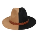 Two-tone khaki and black felt fedora hat with brown braided band for men and women - Black Khaki Patchwork With Belt