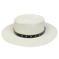 White straw boater hat with black leather band and silver star studs for sun protection - Five-pointed Star Studded Band Style (301J)
