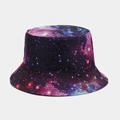 Detailed shot of double-sided bucket hat with galaxy print in deep blue and purple - One Size / Deep Blue Purple Nebula (2# Color)