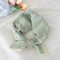 Linen lace headband in mint green with white feather print and beige lace border - Green Bamboo Leaf