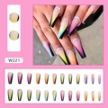 Detail view of long coffin press on nails W221 with gradient colors and rhinestones - Gradient Rainbow (W221) / Glue Type