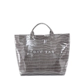 Glossy grey faux crocodile leather tote bag with white lettering and sturdy handles - Gray