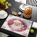 Pink Christmas Santa placemat with floral snowflake patterns on rustic black wood table - CD57-29