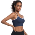 Detail of cross strap sports bra with purple piping and navy blue fabric for yoga - S / Navy Blue