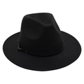 Detailed view of black wool fedora featuring a slim leather band and gold metal buckle - One Size / Black