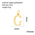 Detail view of 9x6mm copper gold plated letter G charm with specifications and 2mm hole - Letter G
