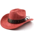 Detail of red suede cowboy hat featuring brown leather band and turquoise metal medallion - Brick Red