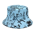 Detail of light blue bucket hat featuring black graffiti letters and stitched brim - Blue