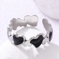 Chic heart-shaped open bangle in silver stainless steel with black enamel finish - Adjustable Open / Silver Black Heart Chain (JR555-S7)