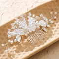 Elegant bridal hair comb with white ceramic flowers, pearls and rhinestones on clay dish - 5# Hair Comb (Silver/White)