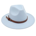 Detail of light blue felt jazz hat featuring a brown leather belt strap with silver studs - Sky Blue (Two Studs)