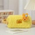 Detail of yellow plush pencil case with cute 3D bunny and Lemon Cloud cheese patch - Yellow