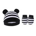 Detail of baby beanie with Mickey ears and anti-scratch mittens in black white stripes - Hat And Gloves / Black & White Stripes