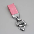 Pink suede leather car keychain with silver metal hardware and anti-lost D-ring loop - Short Style / Pink/Silver