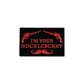 Rectangle black metal badge with red I'M YOUR HUCKLEBERRY text and revolver design - Black Red Dual Pistols Mustache Style (QHXZ1805)