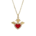 Golden sacred heart pendant necklace with red enamel heart, wings and zircon crown details - Sacred Heart Wings Crown Style (YS-231117-11)
