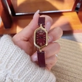 Elegant hexagon gold watch with deep burgundy leather strap and matching dial - Rhombus Dial-24049