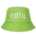 Close-up of white mimi embroidery with heart detail on a bright green bucket hat - Adjustable / Grass Green