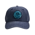 Close-up of a blue sequined smiley face patch on a washed denim baseball cap detail - Dark Blue