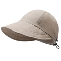 Damen Sonnenhut in Khaki mit breiter Krempe und verstellbarem schwarzem Kordelzug hinten - Verstellbar / Hellbeige