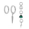 Silver earring set featuring dagger, peace sign, green gemstone, and lightning charms - Silver Peace Lightning Green Gem Pendant Set (#24)