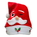 Red LED Santa Claus Christmas hat with white plush trim and fluffy pompom decoration - Adult Expression Santa Hat Squinting
