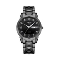 Détail de la montre à quartz noire ORUSS avec bracelet en acier et affichage jour-date - Tout Noir