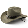 Chapeau de cowboy en daim avec ruban ethnique et décoration de crâne de taureau argenté - M (56-58cm) / Vert Militaire