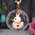 Cute yellow duck keychain with pink crown, rhinestones and grey fluffy pom pom ball - Single OPP Bag Packaging / White Duck + Frosty Gray Plush Ball