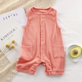 Pink ribbed cotton baby sleeveless romper with buttons and front pockets in flat lay - 66CM / Light Orange