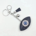 Blue and black crystal evil eye keychain with silver metal chain and black tassel - Black