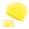 Yellow adult swim cap in polyester fabric shown both unfolded and in packaging - Yellow Four-Needle (Card Packed)