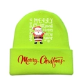 Detail of neon green knitted Christmas beanie with festive Santa print and text - Fluorescent Green-Style C
