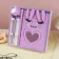 Cute purple plush rabbit notebook set with matching pom-pom pen in gift packaging - Set / Purple