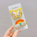 Detail of plush butterfly and rainbow hair clips with golden glitter edges for girls - Purple + Red Hair Clip 2-Piece Set